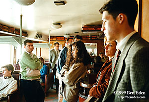 Passengers standing inside an old Deniz Otobus (passenger ferryboat) and wait for the ship's arrival in Beyoglu, Istanbul, Turkey